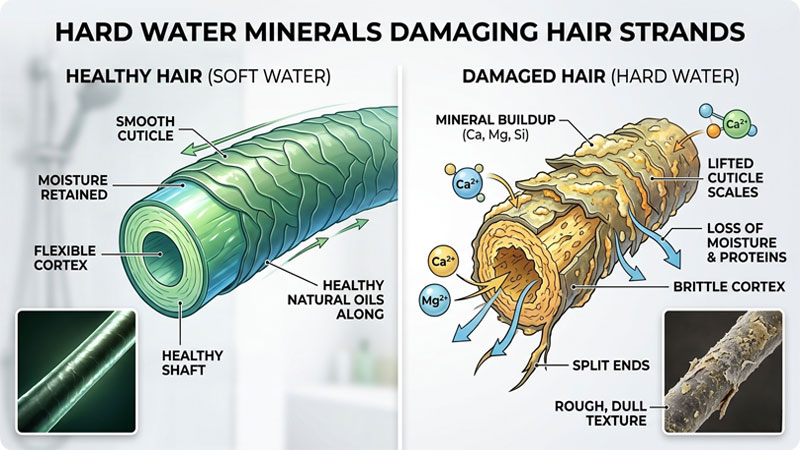 Diagram comparing healthy hair in soft water versus damaged hair with mineral buildup from hard water.
